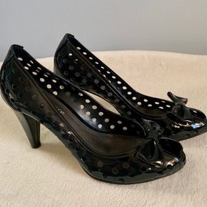 3/$25 Franco Sarto, black open toe, bow, heels